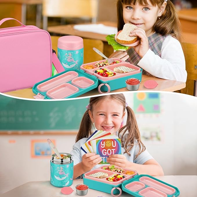 wiwens Bento Lunch Box for Kids with 12oz Soup Thermo Leak-Proof Lunch Food Container with 5 Compartment Thermo Hot Food Jar and Insulated Lunch Bag for Kid Toddler Girls Boys to School