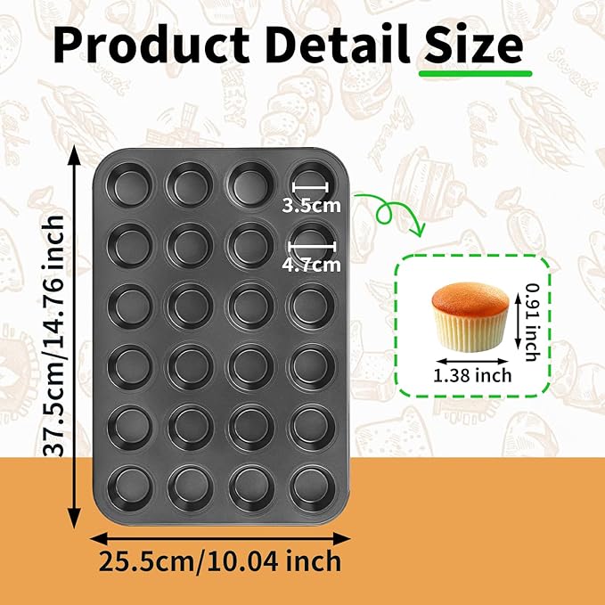 Beasea Nonstick Mini Muffin Pan 24 Cups, 2 Pack 24 Mini Small Tiny Cup Non Stick Muffin Baking Pan Tin Tray Carbon Steel Bakeware Individual Cupcake Baking Pan - Black