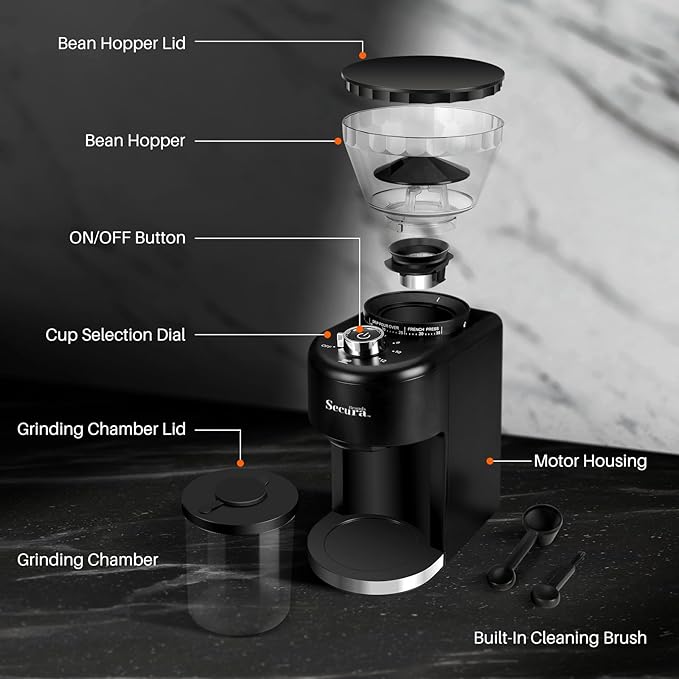 Secura Brands Conical Burr Coffee Grinder Electric Espresso Coffee Grinder with 35 Ajustable Precise Grind Settings for 2-12 Cup 8.8 Ounce Coffee Bean Storage
