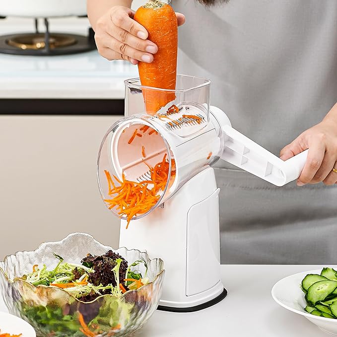 Rotary Cheese Grater Hand Crank, 5 in 1 Mandoline Vegetable Slicer - 5 Sets of Blades,Strong Suction Base&Easy to Clean - Kitchen Cheese Grater Shredder with Handle for Fruit,Vegetable,Nuts