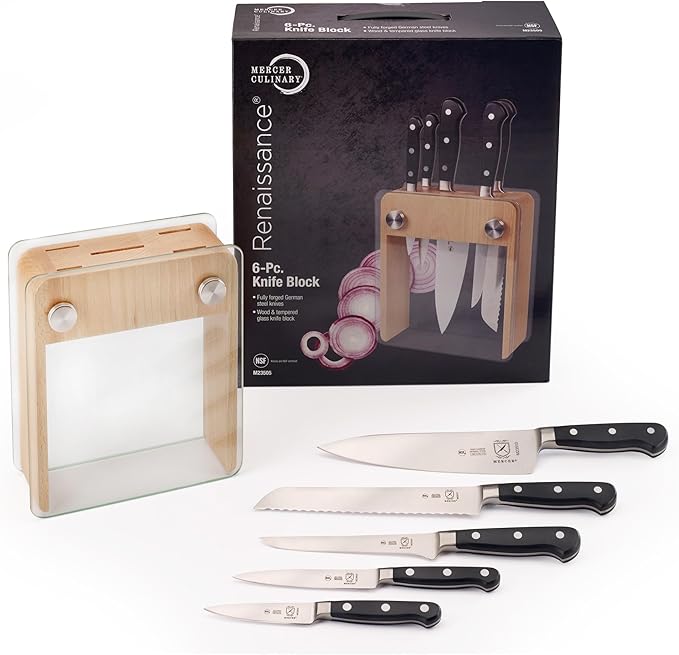 Mercer Culinary - M23505 Renaissance Forged Knife Block Set, 6-Piece, Wood Block with Tempered Glass