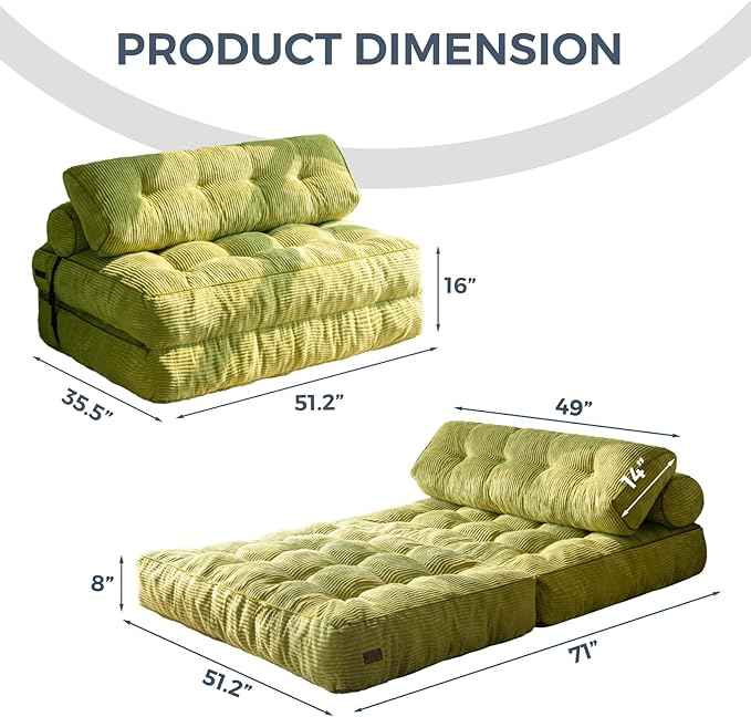 MAXYOYO Folding Sofa Bed, Convertible Sleeper Chair with Pilow Foldable Matress with Back Support, Portable Fold Out Chair Bed for Living Room Bedroom, Green Double