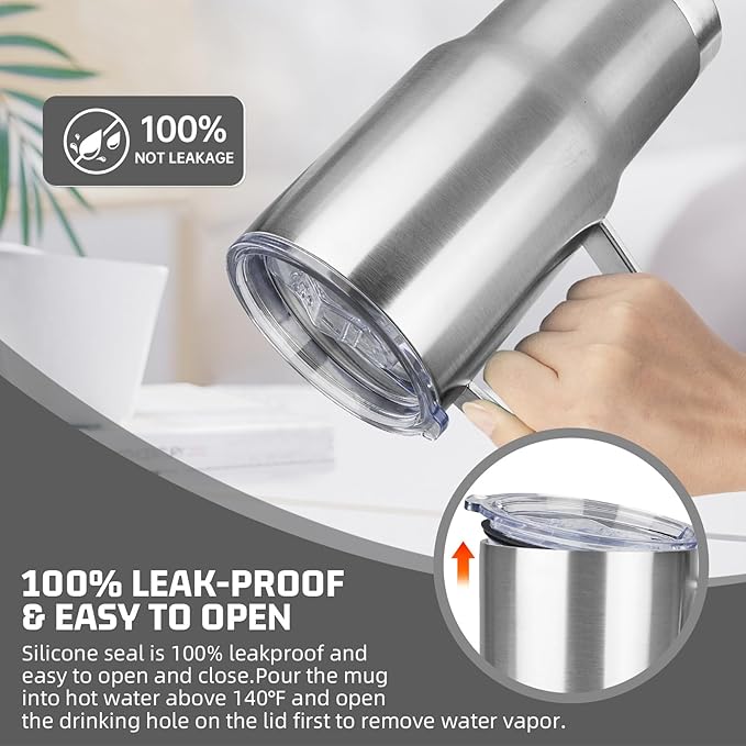 20 oz Tumbler with Handle Stainless Steel Insulated Coffee Mug Tumbler with Lid and Straw Double Wall Vacuum Insulated Coffee Mug Leak Proof Travel Mug Tumbler for Hot and Cold Drink (Silver,4pack)