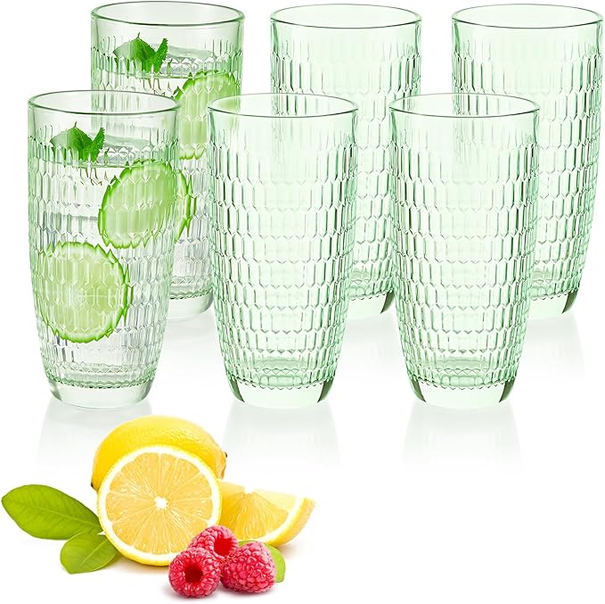 CREATIVELAND Highball Beverage Glasses Set of 6 Romantic Colored Thick & Heavy Base Big Capacity 14.87oz|440ml, Drinking Glass Tumblers for Iced Tea, Water, Soda & Juice and Cocktails