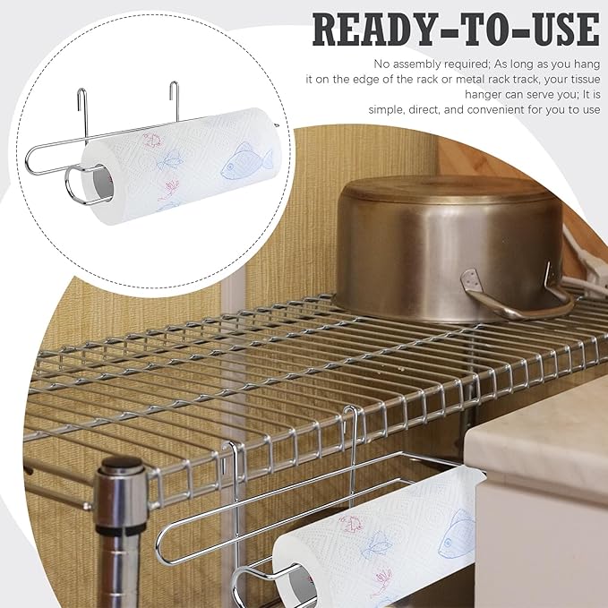 CroBlissful Paper Towel Holder for Wire Shelving 5'' D x 12'' W x 4.5'' H Hanging Paper Towel Holder Wire Shelf Accessories for Camp Dorm Laundry Room Stove Kitchen(Silver)