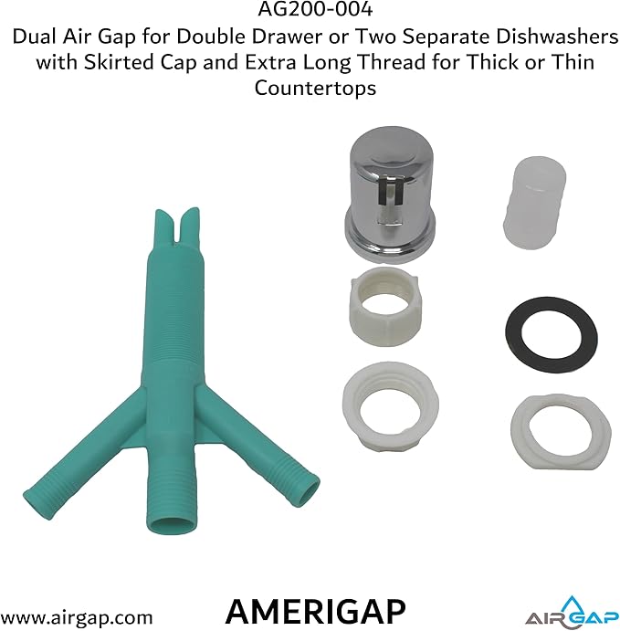 Dual Air Gap for Double Drawer or Two Separate Dishwashers with Skirted Cap and Extra Long Thread for Thick or Thin Countertops (AG200-004, AG200-001, T52, AMERIGAP)