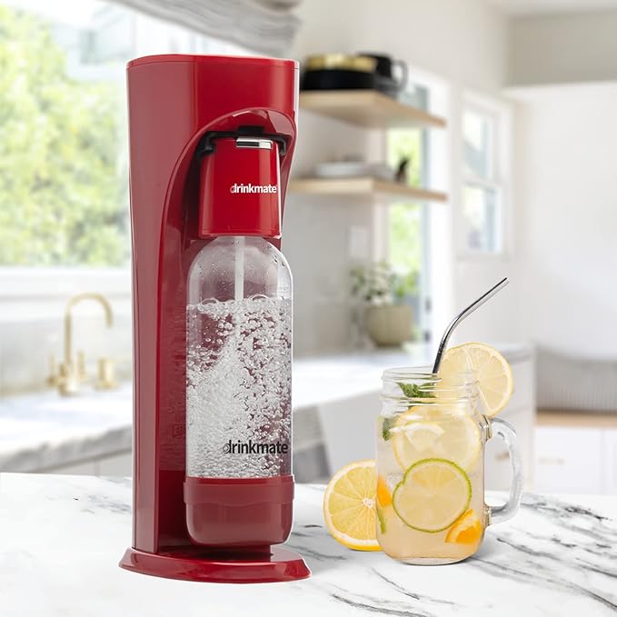 DrinkMate OmniFizz Sparkling Water and Soda Maker, Carbonates Any Drink, with 3 oz CO2 Test Cylinder (Royal Red)