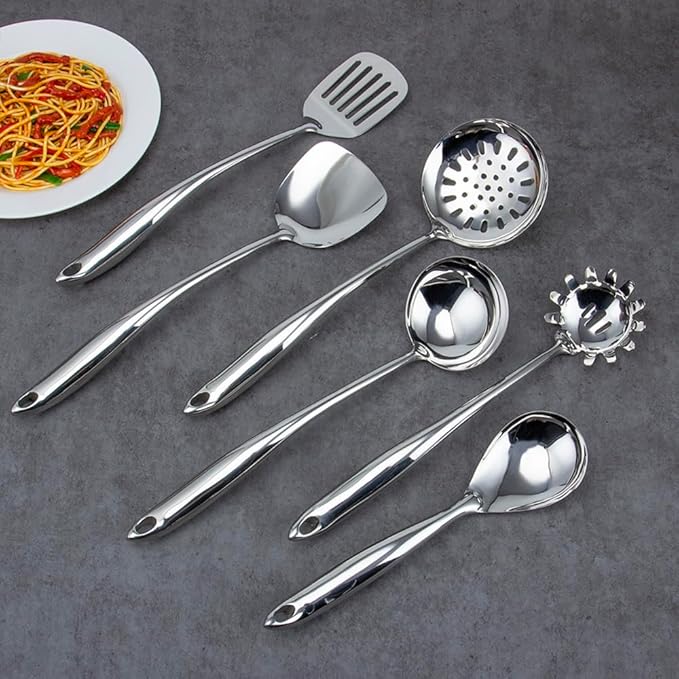 304 Stainless Steel Kitchen Utensils Set, VALESKA 6PCS Metal Cooking Utensils Set, Wok Spatula, Ladle, Skimmer Slotted Spoon, Pasta Spoon, Serving Large Ladle, Slotted Spatula Tunner