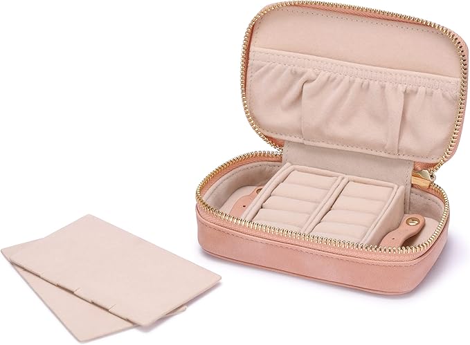 HISCOW Vegan Leather Travel Jewelry Case with Zipper - Portable Necklace & Earring Holder Organizer for Women Girls, Velvet-Lined Ring Box with Anti-Tarnish Design, Pink
