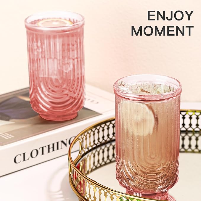 JOVGANK Pink Vintage Glassware Set of 6-17Oz Pink Water Drinking Glass, Art Deco Ripple Highball Glass, Whiskey Cocktail Glasses, for Bar Ice Coffee Juice, Housewarming Gifts and Mother's Day Gift