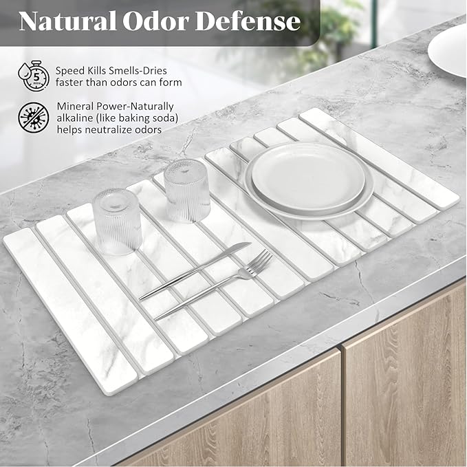 Large Stone Dish Drying Mats for Kitchen Counter, 28"×16" Marble-Pattern, Fast Drying Collapsible Dish Drying Mat, Eco-Friendly Absorbent Diatomaceous Earth Mats for Dishes Bottles, Match Countertop