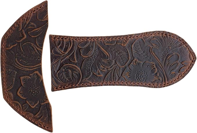 JJNUSA Leather Cast Iron Handle Cover，Skillet Handle Cover, Handmade Full Grain Crazy Horse Leather Handle Protector (2 Pack) Flower Brown