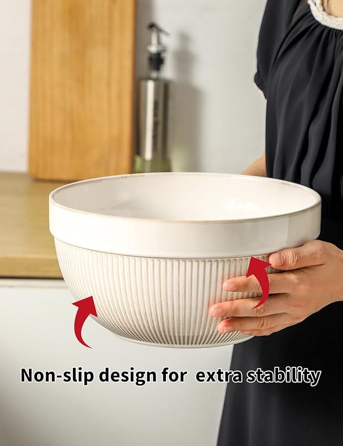 Large Ceramic Mixing Bowls, Glazed White Kitchen Bowl (10"/8"/6"), Set of 3 Nesting Bowls for Baking, Cooking, Serving, Prepping, Dough Kneading, Microwave and Dishwasher Safe