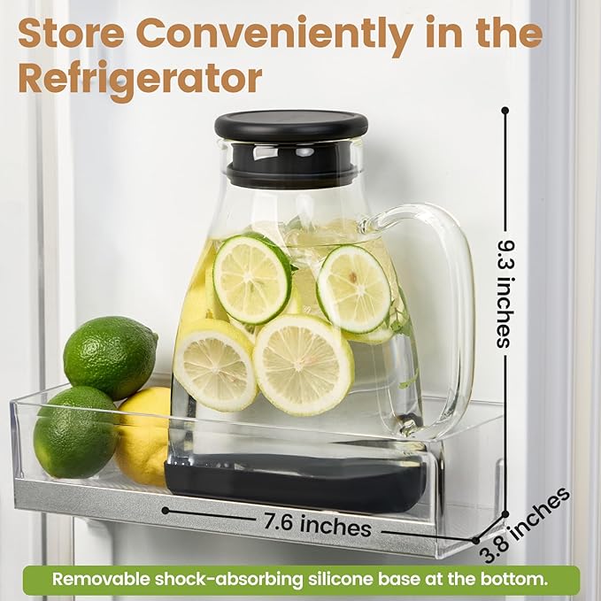 Glass Pitcher with Lid, 68 oz(1/2 Gallon), Hot/Cold Glass Water Jug with Silicone Lid, Borosilicate Glass Carafe Wide Mouth Juice and Iced Tea Beverage Serveware (Flat)