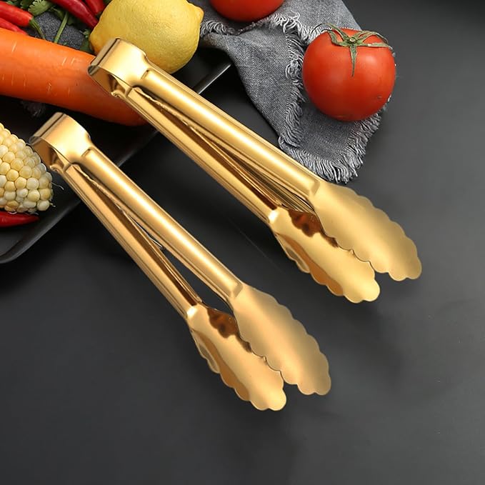 Gold Serving Tongs & Utensils, 4 Pack 9 Inch Non-slip Grip Stainless Steel Gold Tongs for Serving Food, Buffet, Party, Salad & Ice