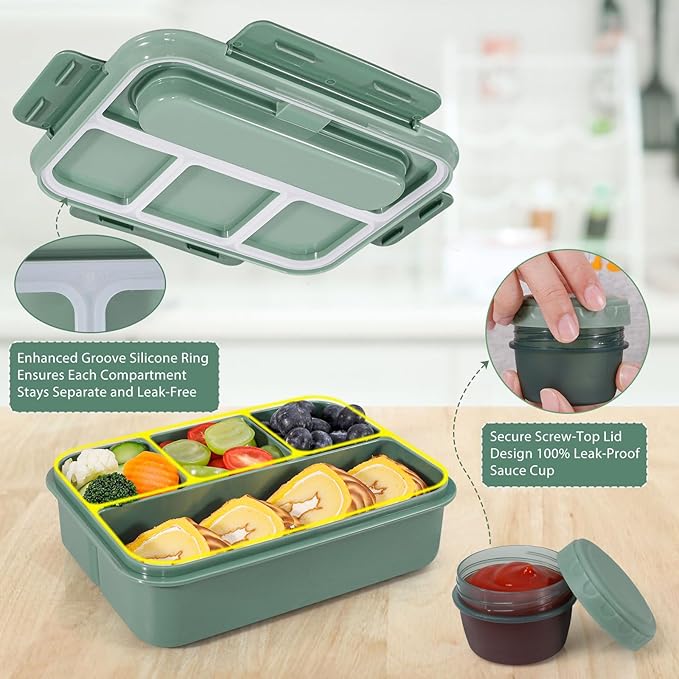 Caperci Bento Box Adult - 50 oz Large Lunch Containers for Adults and Teens, 4-Compartment Bento Lunch Box with Utensils & Leak Proof Sauce Cup, Dishwasher Safe, Durable, BPA-Free (Khaki Green)