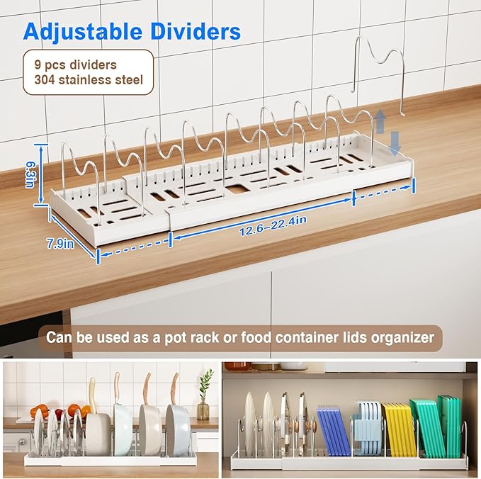 Mustorn 2 Pack Pots and Pans Organizer Under Cabinet, 22" Expandable Food Storage Container Lid Organizers with 9 Adjustable Dividers Pot and Pan Lid Holders Rack Inside Cabinet/Countertop(White)