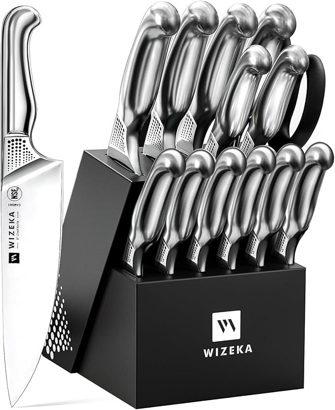 WIZEKA Kitchen Knife Set with Block: 15PCS German Stainless Steel Knife Block Set,One-Piece Design Knives Set for Kitchen, Professional Knife Set with Built-in Sharpener,Starry Sky Series Mothers Day