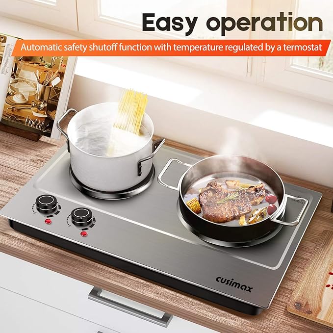 CUSIMAX 1800W Double Hot Plate, Stainless Steel Silver Countertop Burner Portable Electric Double Burners Electric Cast Iron Hot Plates Cooktop, Easy to Clean, Upgraded Version C180N
