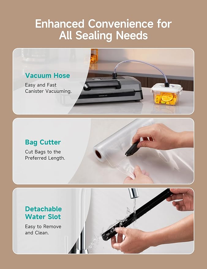 HiCOZY Vacuum Sealer for Food, Powerful Heat Food Sealer, Dry Moist 7-1 Multiple Automatic Modes, Easy-Lock Handle, Compact Design with 10 Vacuum Bags & 2 Bag Rolls, Bag Cutter Included, Space Gray