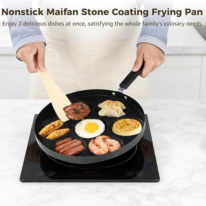 Egg Frying Pan with Anti-scalding Handle, Black Metal Nonstick Maifan Stone Coating Breakfast Frying Pan, Versatile Cooking Tool for Induction Cooker, Gas Stoves (7-Slot Egg Frying Pan)