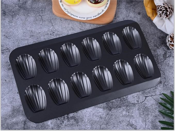 Madeleine Pans for Baking (2-Pack) 12 cup Madlen Mold Makes Shell Shape Cake Cookies Nonstick Carbon Steel Madeline Tray for Oven Black