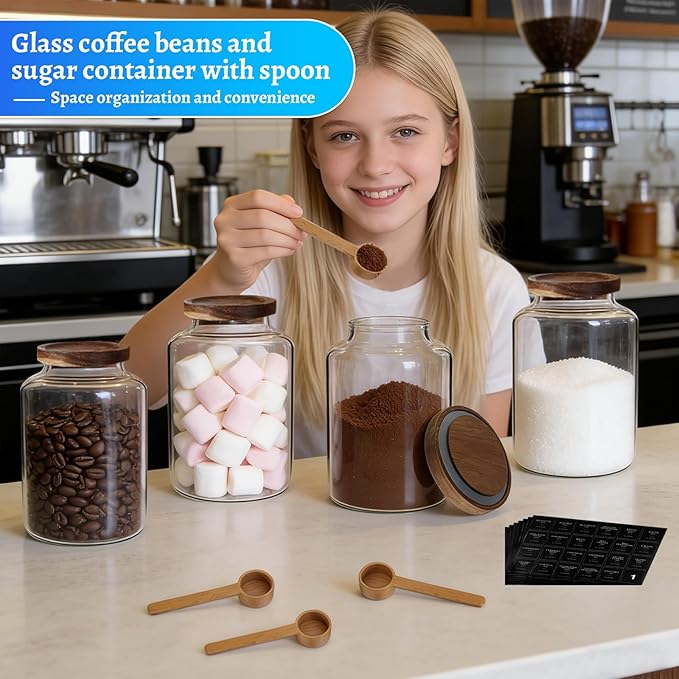 66oz Large Glass Storage Jar with Wooden Lids Spoons Labels Glass Coffee Ground Canister Borosilicate Glass Sugar Flour Container for Cookies Spice Rice Tea(2000ml/67oz-2 pack-with scoop)