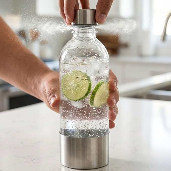 FIZZIT 1L Carbonating Bottles 2 Pack – Compatible with SodaStream,Terra Art, Aarke & Philips Soda Maker – BPA Free Reusable Sparkling Water Bottle – Replacement with Stainless Steel base & cap
