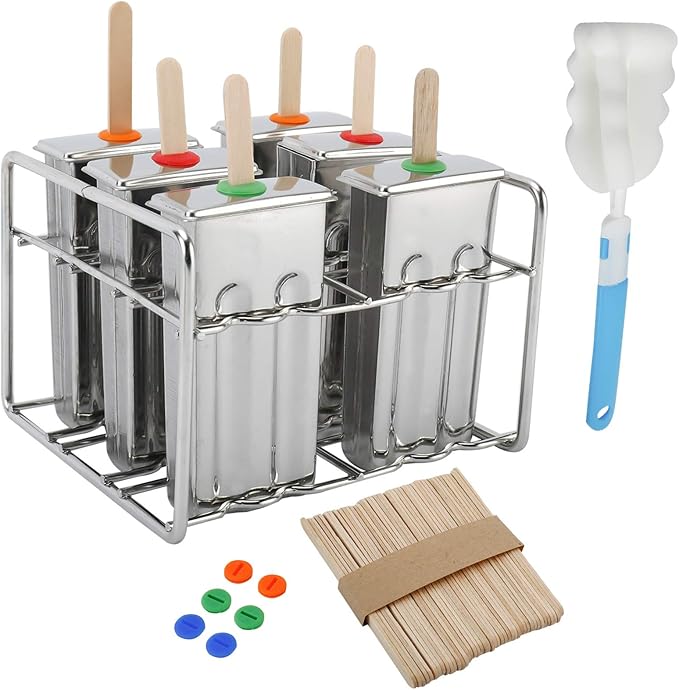 6 Sets Stainless Steel Popsicle Molds Rack and Accessories, Rust-Resistant Popsicle Maker, 6pcs Leak-Proof Silicone Seals, 50pcs Wooden Sticks and Bonus Cleaning Brush