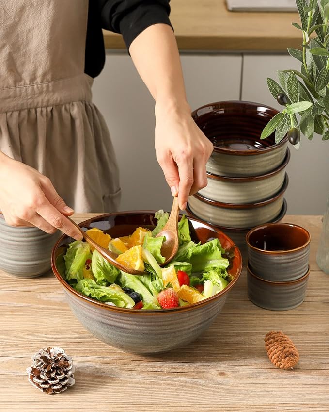 Hasense Serving Bowls, 84 Ounce Ceramic Serving Dishes for Salad Pasta Soup Pho, 9 Inch Mixing Bowls for Baking, Cooking, Kitchen, Party，Dinner, Microwave Dishwasher Safe, Set of 2, Light Grey