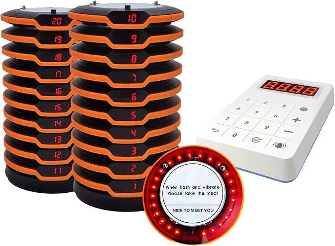 Restaurant Pager System 20 Coaster Pagers and Beepers, Restaurant Beepers Buzzers System with Vibration Flashing Buzzer Queue Wireless Calling System for Food Truck Church Nursery Coffee Shop Bar