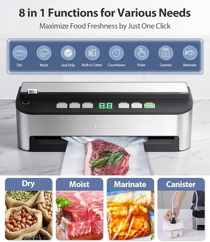 PressFree TRUE-Auto Vacuum Sealer Machine, Beelicious Pro 85KPA Fully Automatic 8-IN-1 Food Sealer with Bags Storage, Build-in Cutter, Moist Mode and Air Suction Hose |Sous Vide | Digital Countdown