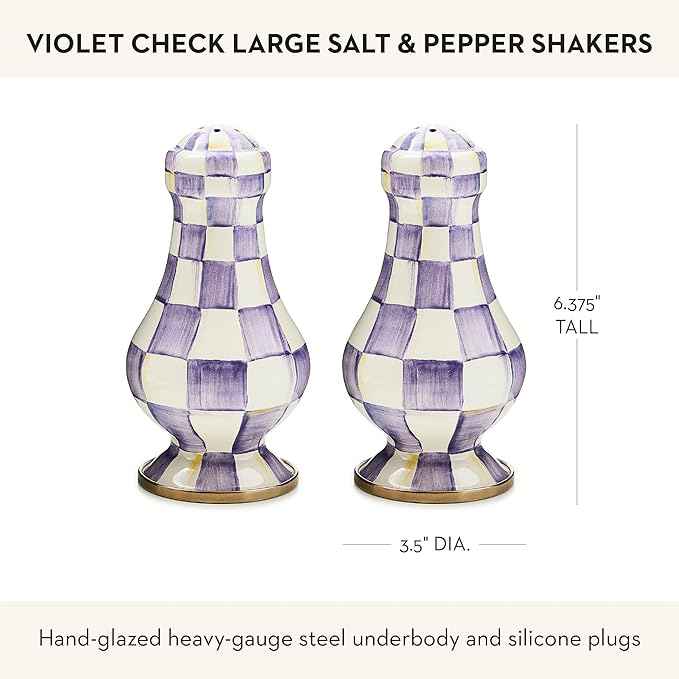 MACKENZIE-CHILDS Enamel Salt and Pepper Shakers, Kitchen Table Accessories, Large, Purple-and-White Violet Check