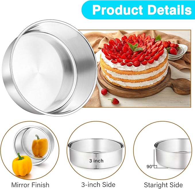 P&P CHEF 8 Inch Cake Pans Set, Round Baking Pan Stainless Steel Layer Birthday Wedding Cake Oven Pans, Non Toxic & Heavy Duty, Deep Side & Mirror Finish, Dishwasher Safe, (1Pc)