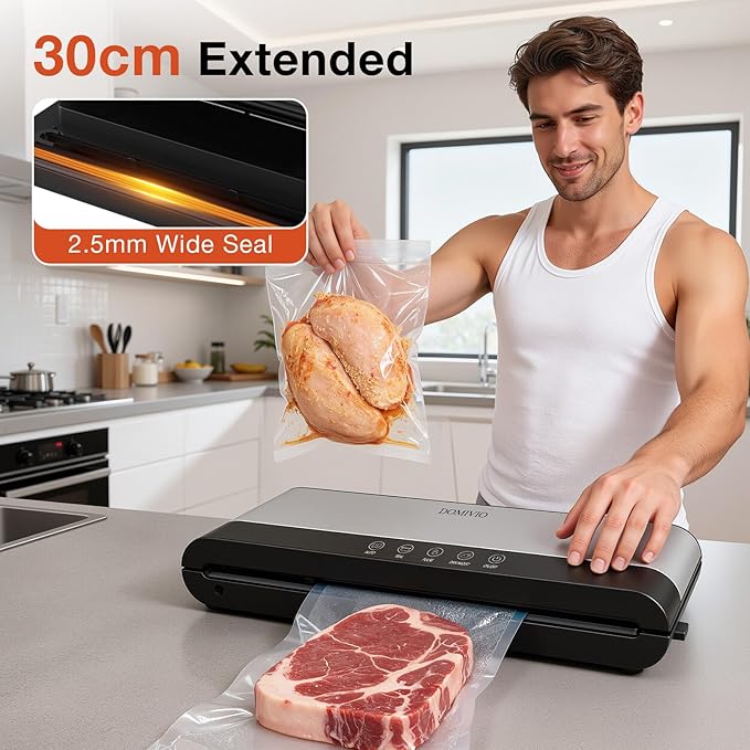 4-in-1 Vacuum Sealer Machine + 25-Pack Reusable 8.7″×8.3″ Vacuum Zipper Bags & 5 Clips – 85 kPa Suction, LED Touch Panel, Built-in Cutter, Dry & Moist Modes, BPA-Free Food Preservation Kit