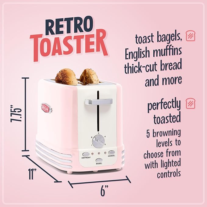 Nostalgia Retro Wide 2-Slice Toaster, Vintage Design With Crumb Tray, Cord Storage & 5 Toasting Levels, Pink