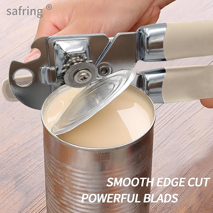 Can Opener Manual, Handheld Strong Heavy Duty Stainless Steel Can Opener, Comfortable Handle, Sharp Blade Smooth Edge, Can Openers with Multifunctional Bottle Opener, Beige