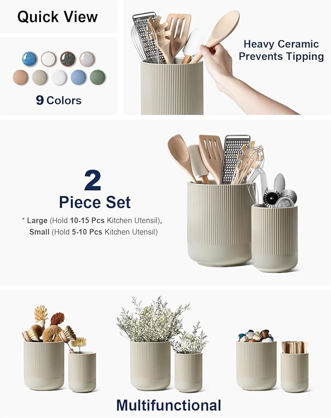 LE TAUCI Utensil Holder for Kitchen Counter, 7.3"+5.4" Fluted Ceramic Utensil Crock Organizer for Countertop, Heavy Large Holder for Spatulas, Spoons, Set of 2, Oatmeal Greige