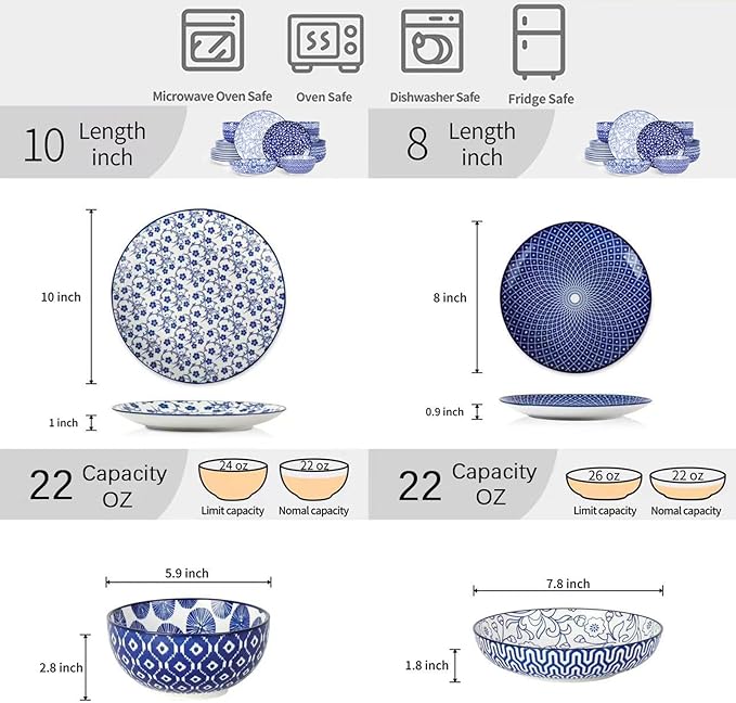 Selamica Ceramic Dinnerware Sets for 6, 24 Piece Plates and Bowls Sets, Scratch Resistant Dishes Set-Dishwasher & Microwave & Oven Safe, Vintage Blue
