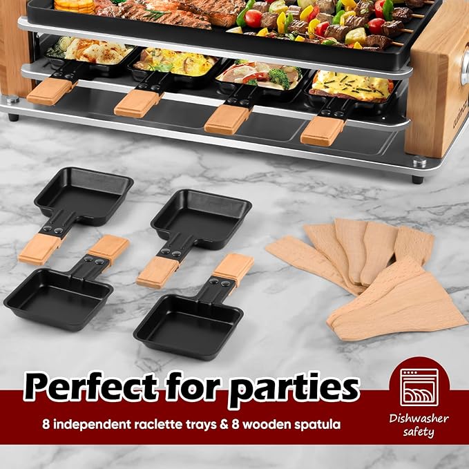 Raclette Table Grill, CUSIMAX Electric Indoor Grill, Korean BBQ Grill with Removable 2 in 1 Non-Stick Grill Plate, 8 Cheese Pans & Wooden Spatulas, Ideal for Parties, Wooden Base New Model