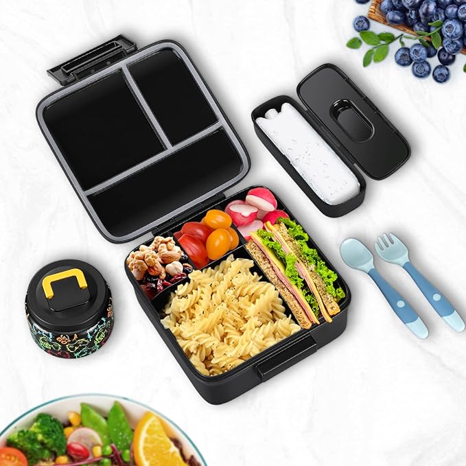 Bento Lunch Box for Kids With 8oz Soup thermo,Leak-proof Lunch Containers with 5 Compartment,thermo Food Jar and Lunch Bag, Food Containers for School (A-Black(Game Consoley))