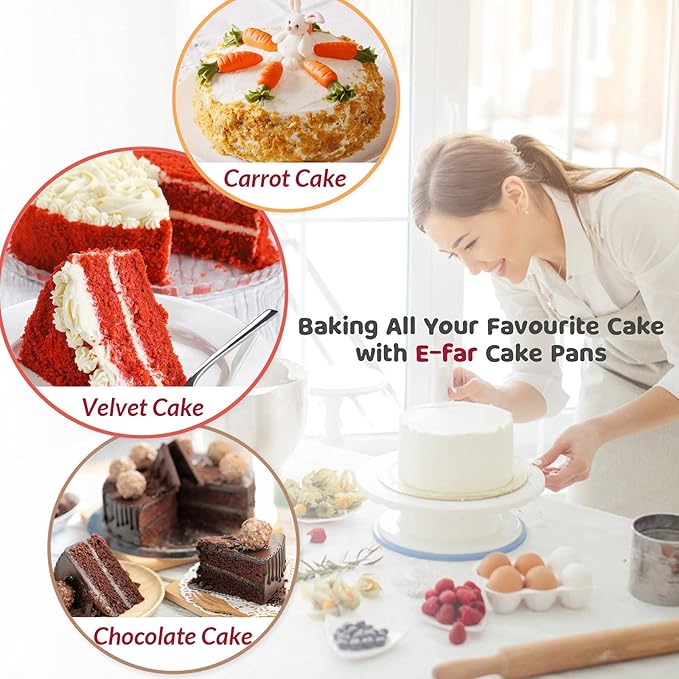 8 Inch Cake Pan Set of 3, E-Far Stainless Steel Round Layer Cake Baking Pans with Parchment Rounds & Side Liner Roll, Non-Toxic & Healthy Metal Cakes Tin, Straight Side & Dishwasher Safe