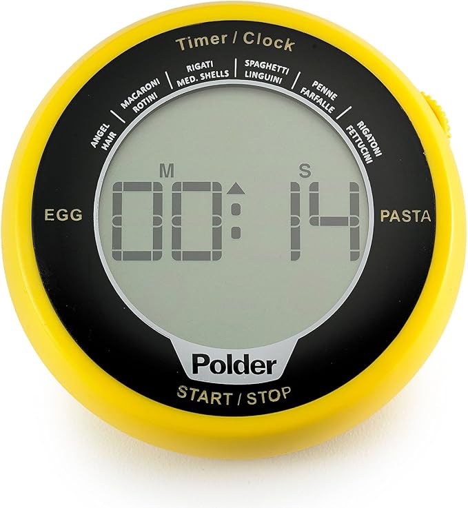 Polder Digital Egg and Pasta Timer with Preset Times and Built-in Clock, Yellow