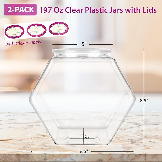 DilaBee 2-Pack Plastic Cookie Jar 1.5 Gallon (197oz) - Large Cookie Jar, Hexagon Candy Dish with Lid for Kitchen, Candy Bowl for Office - Sugar and Flour Containers, Plastic Jar with Labels - BPA-Free