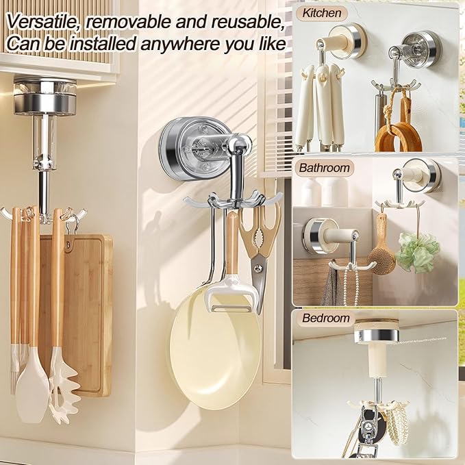 MFMYEE Kitchen Suction Cup Hook, 360 Degree Rotating Storage with Multiple Claws, Punch-Free Organizer, Shower Suction Cup with 6 Hooks (Transparent)