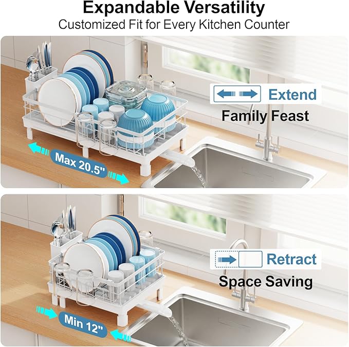 GSlife Expandable Dish Drying Rack for Kitchen Counter, Compact Space-Saving Dish Rack with Drainboard, Rustproof Dish Drainer for Small Kitchen, Apartment, RV, 12.2" W x 12"-20.5" L, White