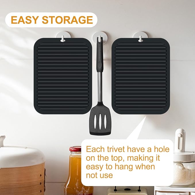 9"x12" Large Silicone Trivets for Hot Pots and Pans, Hot Dishes, 2 Non Slip Heat Resistant Mats for Countertop Table, Silicone Pot Holders Hot Pads for Kitchen, Food Grade & BPA Free, Black