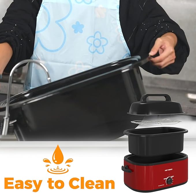 26 Quart Electric Roaster Oven with Visible & Self-Basting Lid, Large Turkey Roaster with Defrost Warm Function, Adjustable Temperature, Removable Pan Rack, Stainless Steel, Red