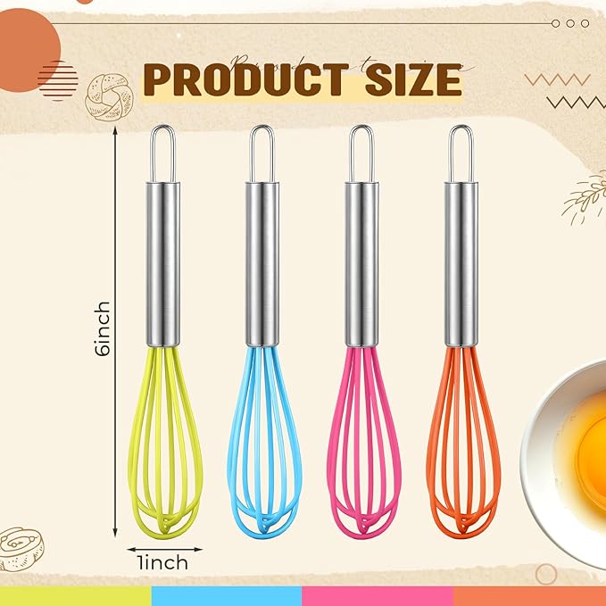 Baderke 12 Pcs 6 Inch Mini Whisks Bulk with Stainless Steel Handles Small Silicone Kitchen Whisks Non Stick Tiny Balloon Wire Whisk for Mixing Stirring Baking Cooking Party Favor Gift (Bright Color)