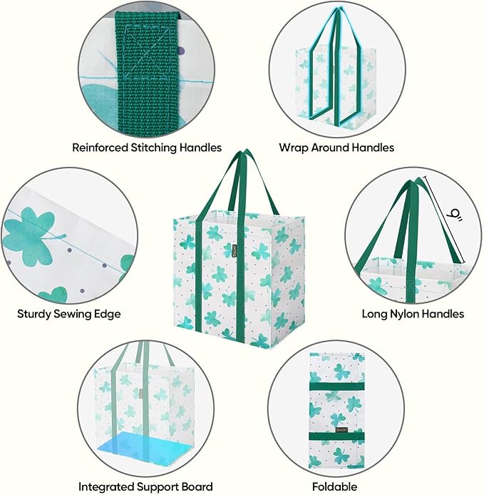 BALEINE 4 PK Grocery Bags Reusable Shopping Bags with Reinforced Bottom, Heavy Duty Foldable Tote Bags (Clover)